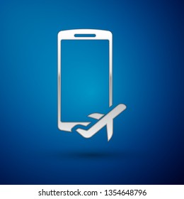 Silver Flight mode in the mobile phone icon isolated on blue background. Airplane or aeroplane flight offline mode passenger regulation airline . Vector Illustration