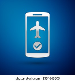 Silver Flight mode in the mobile phone icon isolated on blue background. Airplane or aeroplane flight offline mode passenger regulation airline . Vector Illustration