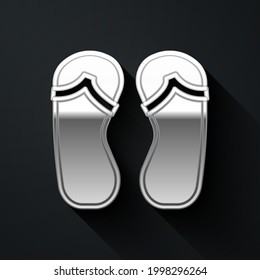 Silver Flip flops icon isolated on black background. Beach slippers sign. Long shadow style. Vector
