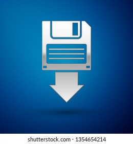 Silver Floppy disk backup icon isolated on blue background. Diskette sign. Vector Illustration