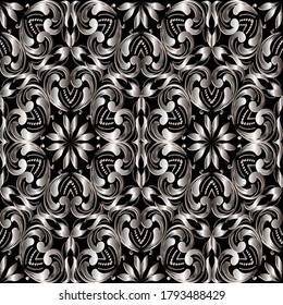 Silver floral 3d nahtloses Muster. Vektor-luxuriöser, gemusterter Hintergrund. Blütige Wiederholung von Farbverlauf-Hintergrund. Schöne elegante Vintage Mandalas Ornament mit Blumen, Blättern, Punkten. Zierseidenstruktur.