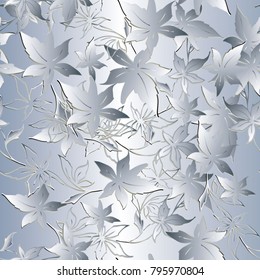 Silver floral 3d seamless pattern. Vector flourish light background with abstract flowers, maple leaves, branches. 3d  surface ornaments. Luxury design for wallpapers, fabric, prints, textile.