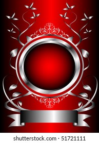 A silver floral background template design with room for text on a rich red background