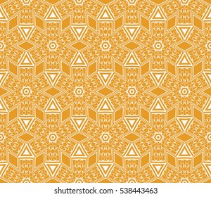 Silver floral creative geometric ornament on orange background. Seamless vector illustration. For interior design, wallpaper, invitation