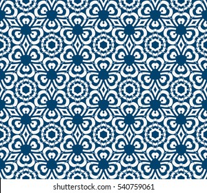 Silver floral creative geometric ornament on blue background. Seamless vector illustration. For interior design, wallpaper, invitation