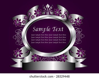 A silver floral design with room for text on a rich deep purple background
