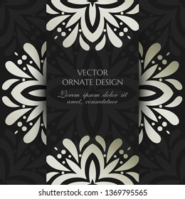 Silver floral elegant motif. Square card with decoration elements  on the black background. Vector illustration for event invitation, ceremony card or celebration banner.