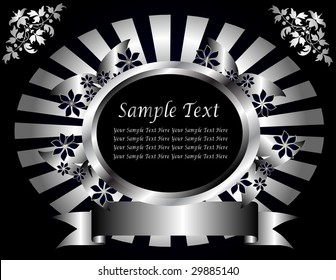 A silver floral fan effect vector design with room for text on a dark blue background