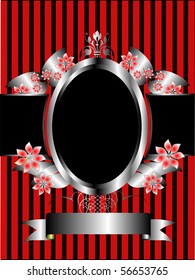 a silver floral frame on a classic red striped  background with room for text