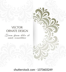Silver floral motif. Square banner with decorative elements on the white background. Vector illustration for event invitation, ceremony card or celebration banner.