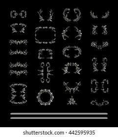 Silver floral ornament elements collection isolated on white.  Silver  frames