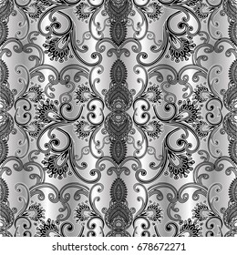 Silver floral seamless pattern background wallpaper illustration with black line art tracery hand drawn flowers, leaves and antique flourish ornaments. Vector surface drapery  texture for fabrics.