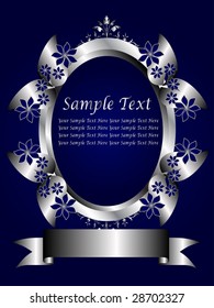A silver floral vector design with room for text on a royal blue background
