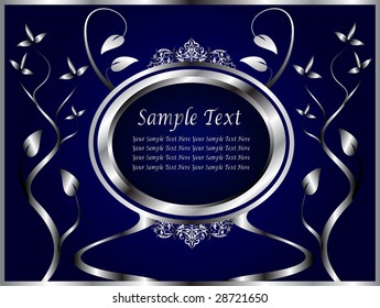 A silver floral vector design with room for text on a royal blue background