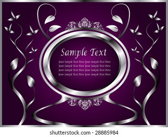 Un diseño de vector floral plateado con espacio para texto sobre fondo púrpura profundo rico