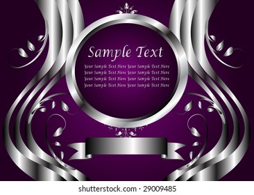 A silver floral vector design with room for text on a rich deep purple background