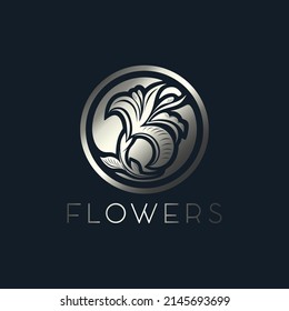 Silver flower, graceful Lily in a circle, emblem, logo. Template for beauty Studio, jewelry store, cosmetics, women's clothing, boutique. Isolated vector illustration