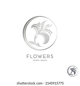 Silver flower, graceful Lily in a circle, emblem, logo. Template for beauty Studio, jewelry store, cosmetics, women's clothing, boutique. Isolated vector illustration