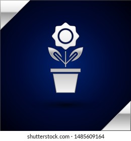 Silver Flower in pot icon isolated on dark blue background. Plant growing in a pot. Potted plant sign.  Vector Illustration