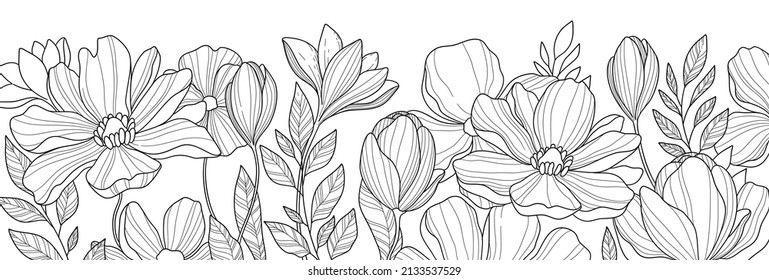 Fondo de flores plateadas. Flor gris boho, cartel de diseño floral de línea. Ramo de arte de flores silvestres, ilustración vectorial.