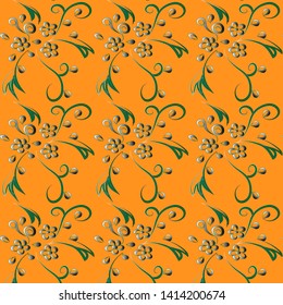 Silver flowers and green leaves pattern on orange background wallpaper  design.Vector illustration.