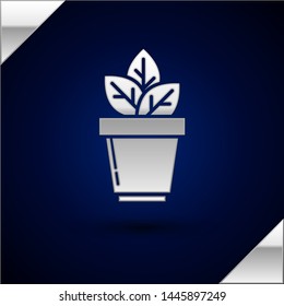 Silver Flowers in pot icon isolated on dark blue background. Plant growing in a pot. Potted plant sign.  Vector Illustration