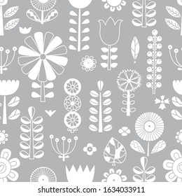 Silver flowers in Scandinavian style. Summer motive. Vector seamless pattern.