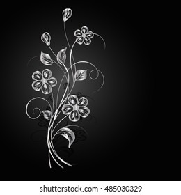Silver flowers with shadow on dark background. Vector illustration.