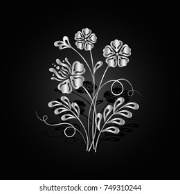 Silver flowers with shadow on dark background. Vector illustration.