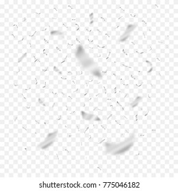 Silver flying confetti in different focus. Celebration metallic argent ribbons. Festival decor with falling shiny glitters. Vector illustration.