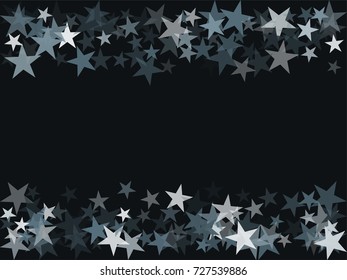 Silver flying stars confetti frame border christmas vector, premium sparkles stardust background pattern. Holiday party border, Christmas stars background vector frame, flying sparkles confetti.