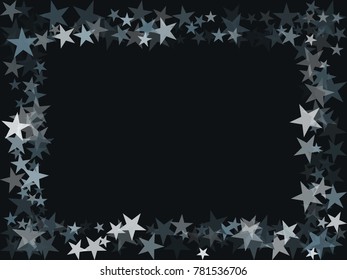 Silver flying stars confetti frame border christmas vector, premium sparkles stardust background pattern. Holiday party border, Christmas stars background vector frame, flying sparkles confetti.