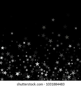 Silver flying stars confetti magic cosmic vector, premium sparkles stardust background design. Holiday lights party decor, silver metallic stars on black backdrop. Flying sparkles confetti.