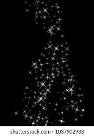Silver flying stars confetti magic vector, stylish sparkles stardust background design. Holiday lights party decor, silver metallic stars on black vector print. Sparkles confetti glitter.