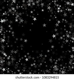Silver flying stars confetti magic vector, awesome sparkles stardust background design. Holiday party decoration, silver stars on black background vector print. Sparkles confetti glitter.