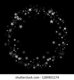 Silver flying stars confetti magic vector, awesome sparkles stardust background design. Holiday lights party decor, silver metallic stars on black vector print. Sparkles confetti glitter circle frame.