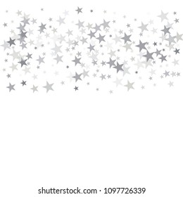 silver flying stars confetti vector background frame, grey christmas lights falling. magic shining Flying stars glitter cosmic backdrop, sparkle vector border. glow tinsel