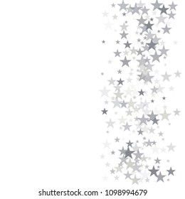 silver flying stars confetti vector background frame, grey christmas lights falling. magic shining Flying stars glitter cosmic backdrop, sparkle vector border. glow tinsel
