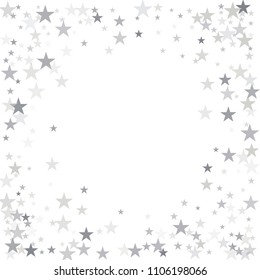 silver flying stars confetti vector background frame, grey christmas lights falling. magic shining Flying stars glitter cosmic backdrop, sparkle vector border. glow tinsel