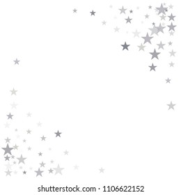 silver flying stars confetti vector background frame, grey christmas lights falling. magic shining Flying stars glitter cosmic backdrop, sparkle vector border. glow tinsel