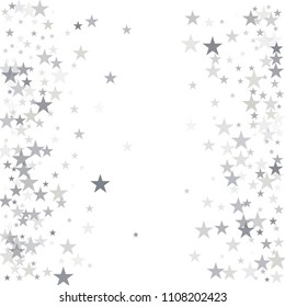 silver flying stars confetti vector background frame, grey christmas lights falling. magic shining Flying stars glitter cosmic backdrop, sparkle vector border. glow tinsel