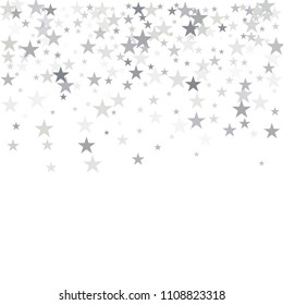silver flying stars confetti vector background frame, grey christmas lights falling. magic shining Flying stars glitter cosmic backdrop, sparkle vector border. glow tinsel