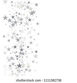 silver flying stars confetti vector background frame, grey christmas lights falling. magic shining Flying stars glitter cosmic backdrop, sparkle vector border. glow tinsel