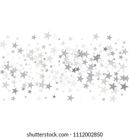 silver flying stars confetti vector background frame, grey christmas lights falling. magic shining Flying stars glitter cosmic backdrop, sparkle vector border. glow tinsel