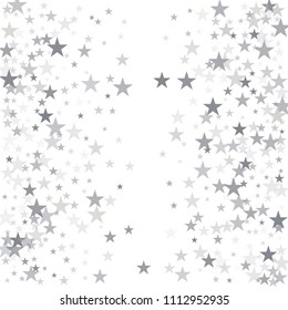 silver flying stars confetti vector background frame, grey christmas lights falling. magic shining Flying stars glitter cosmic backdrop, sparkle vector border. glow tinsel