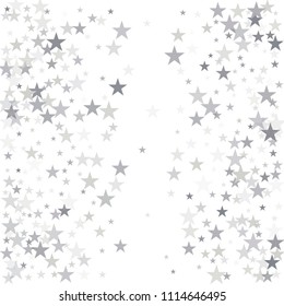 silver flying stars confetti vector background frame, grey christmas lights falling. magic shining Flying stars glitter cosmic backdrop, sparkle vector border. glow tinsel