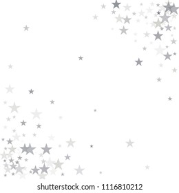 silver flying stars confetti vector background frame, grey christmas lights falling. magic shining Flying stars glitter cosmic backdrop, sparkle vector border. glow tinsel