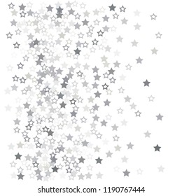 silver flying stars confetti vector background frame, grey christmas lights falling. magic shining Flying stars glitter cosmic backdrop, sparkle vector border. glow tinsel