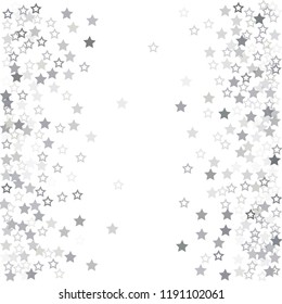 silver flying stars confetti vector background frame, grey christmas lights falling. magic shining Flying stars glitter cosmic backdrop, sparkle vector border. glow tinsel
