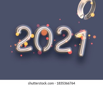 Silver Foil 2021 Balloon Sign With 1 Replacing Deflated 0 On Violet Background. Vector Holiday Illustration.